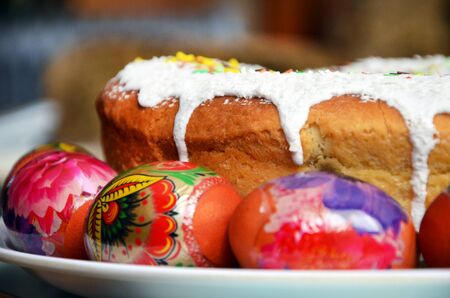 Closeup of easter sweet bakery with colorful eggsの写真素材