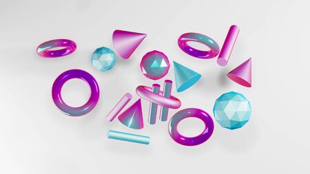 Balls, cylinders, cones in pink, blue and purple tones on a white background.の写真素材
