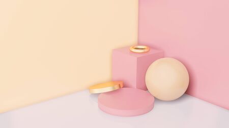 Sphere, cylinders, ring in pink, gold and peach colors.の写真素材