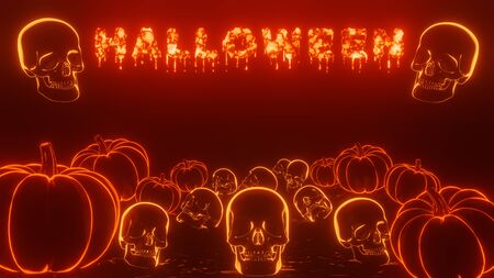 3D render composition of neon pumpkins and skulls on a dark background.の写真素材