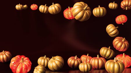 3D rendering composition with orange pumpkins on dark background.の写真素材