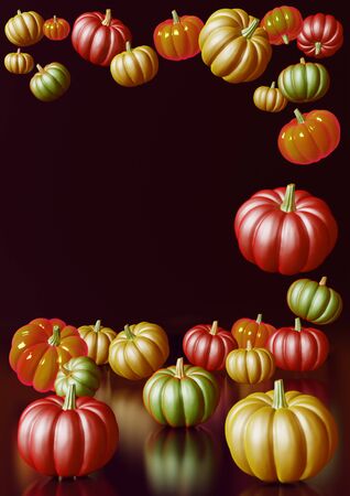 Vertical 3D rendering composition with red, green and orange pumpkins on dark background.の写真素材