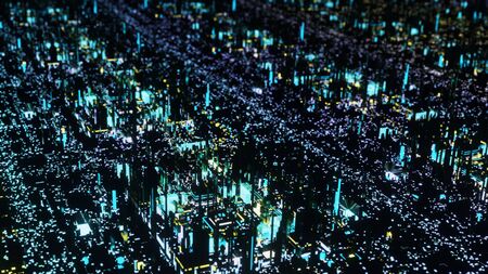 Future city. 3D abstract composition that looks like a night city stylized as a computer chip....