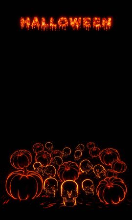 3D render composition of neon pumpkins and skulls on a dark background. Halloween illustration. Place for text.の写真素材