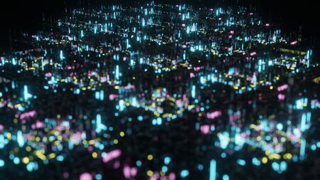 Future city. 3D abstract composition that looks like a night city stylized as a computer chip. Technology background. Tech science background.の写真素材