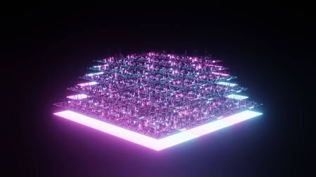 Future city. 3D abstract composition that looks like a night city stylized as a computer chip. Technology background. Tech science background.の写真素材