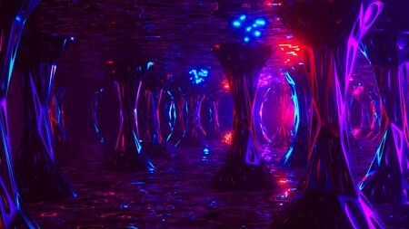 Space alien city. Virtual reality environment. 3d render. Abstract psychedelic background.の写真素材