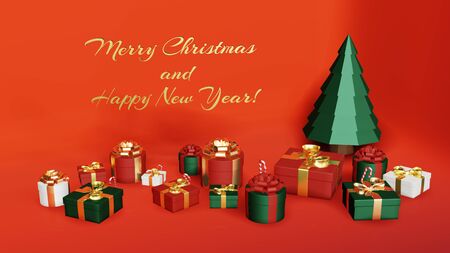 3D rendering with christmas tree gift boxes and christmas candys. Christmas and New Year card.の写真素材