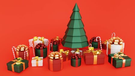 Red background. 3D rendering with christmas tree gift boxes and christmas candys. Christmas and New Year card.の写真素材