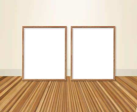 Two vertical wooden frame mockup. Two mock up poster on wooden floor. 3d illustrations.の写真素材