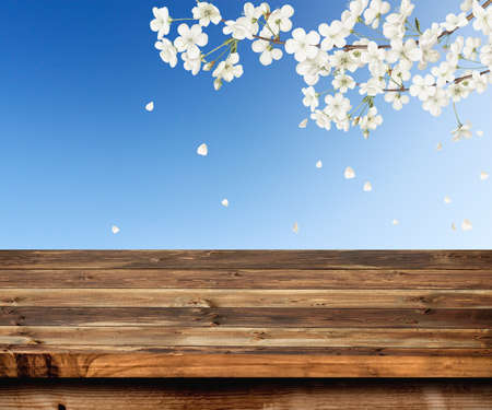 Top of wood table with white watercolor  flower on sky background - Empty ready for your product display or montageの写真素材