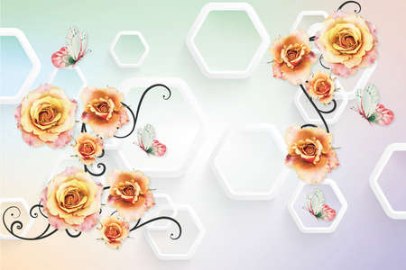 Beautiful Rose flowers wallpaper. Modern ideas in the design of any interior,3d illustrationの写真素材