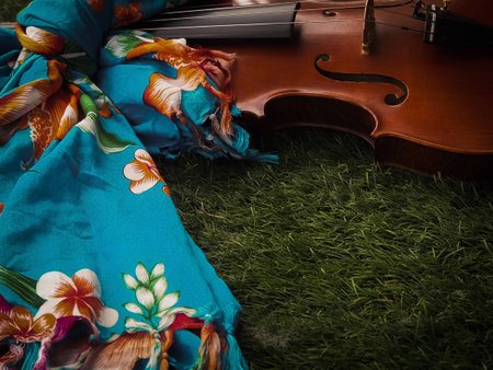 Half front side of violin and floral print silk shawl put on green grass ground floor in vintage design,abstract art style,blurry backgroundの写真素材