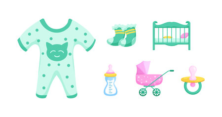 Baby stuff in cartoon character,newborn stuff,soft colorのイラスト素材