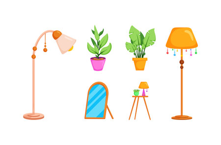 Home furniture in cartoon character.there are Lamp,Mirror,Houseplant,table.stuff living,on white backgroundのイラスト素材