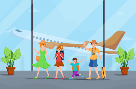 Father,Mother,daughter and son going to travel together,holiday trip,happy family vacation timeのイラスト素材