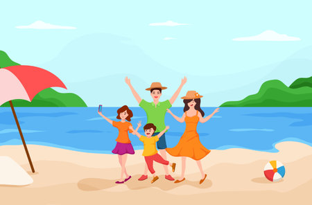 Father,Mother,daughter and son are enjoying on the beach together,family trip,happy holiday.のイラスト素材