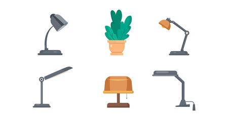 Different kind and size of electric lamp, cactus pot in cartoon character,furniture element for working,isolated on white backgroundのイラスト素材
