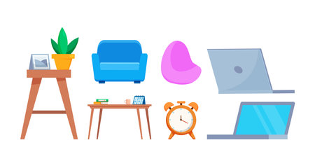 The accessories and furniture icons for working at home,isolated on white backgroundのイラスト素材