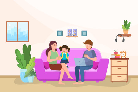 Parent working form home,warm family,positive feeling,new normal styleのイラスト素材