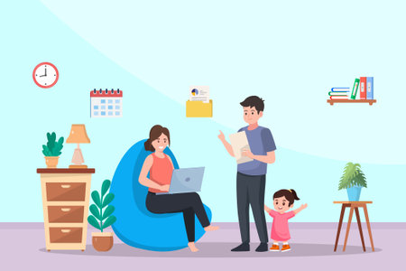 Parent working form home,warm family,positive feeling,new normal styleのイラスト素材