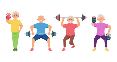 Old aged people doing exercise in cartoon character,isolated on white backgroundのイラスト素材