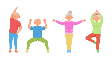 Old aged people doing Yoga exercise in cartoon character,isolated on white backgroundのイラスト素材
