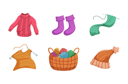 Sweater,Socks,Hat,Scarf.Knitting work in cartoon character,isolated on white backgroundのイラスト素材