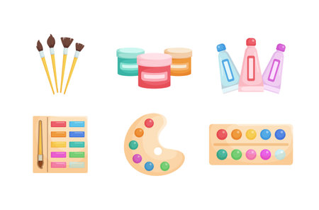 Art stationary elements in cartoon character,colorful accessories for paint and drawing,isolated on white backgroundのイラスト素材