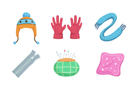 Sweater,Socks,Hat,Scarf.Knitting work in cartoon character,isolated on white backgroundのイラスト素材