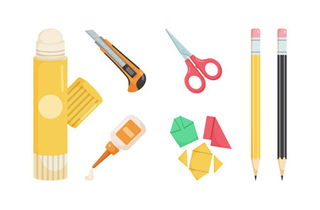Glue,Cutter,Pencil.Art stationary elements in cartoon character,colorful accessories for paint and drawing.のイラスト素材