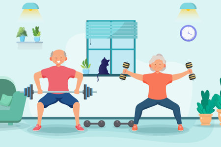 Old aged couple doing exercise at home,in cartoon character,happy timeのイラスト素材