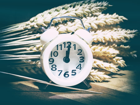 The classic old film design background of  alarm clock put on timber wooden board,in front of group of dried flower,in vintage and art tone,grainy film style,blurry around.の写真素材