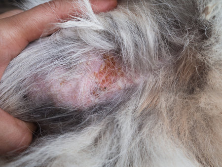 Close up the skin and dog hair,this show the Dermatitis in dog and Disease on dog skin,bald patchy area of the skin in dogs, alopecia,dermatitis in dogの写真素材