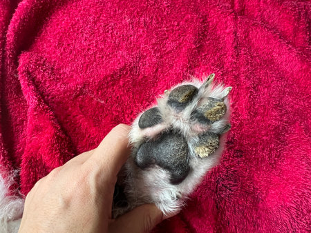 The paw of a cat is covered with a pink towel. Close-up.