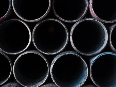 Closeup steel pipe stacked in row,abstract art design,の写真素材