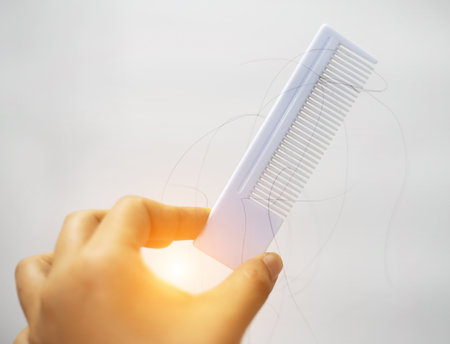 In selective focus of hair fall and white come,blurry light design background