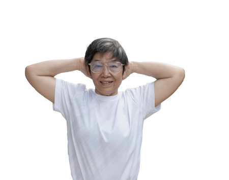 Old lady raise hands touch back of her head for stretching body before exercise