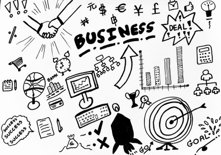 Business icons hand drawing,in cartoon character with black ink on paper,doodle art designのイラスト素材