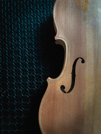 Half front side of Raw violin made from wood with F-hole,put at right side on background,acoustic instrumentの写真素材