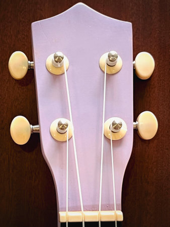 Ukulele headstock with tuning pegs made from wood,use for set up sound,parts of acoustic instrument.の写真素材