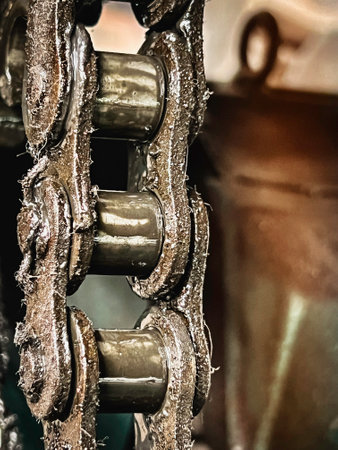 dirty and wet of Bearing belt and chain lubricant with grease and oil,motivate machine, in factoryの写真素材