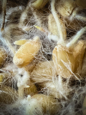 Closeup white thread of structure cover around wheat plant,The mycelium healthy fungal growing,superfood.の写真素材