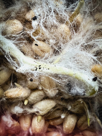 white thread liked structure cover around wheat plant,The sprouted grains with mycelium,healthy fungal growing,superfood.の写真素材
