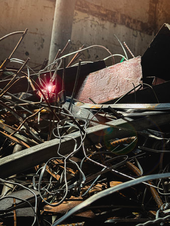 Steel bar scrap from used in junk,prepare for recycle.Iron wasted,Lens flare effect.