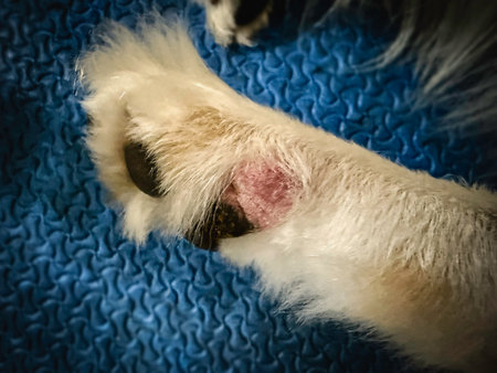 The Atopic Dermatitis.Skin infection on dog leg,Redness and inflammation,show allergy reaction...