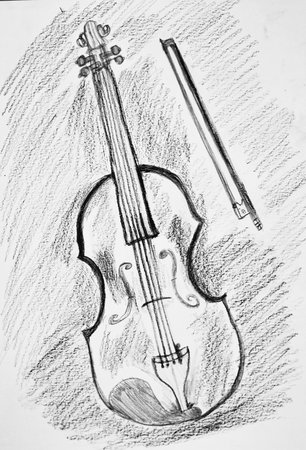 Violin and bow hand drawn with pencil on paper,vintage design,artline instrument,cartoon character.の写真素材