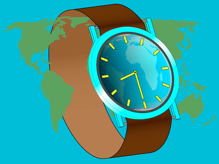 Wrist watch displays the time of the start of earth hour, watches around the world mapのイラスト素材