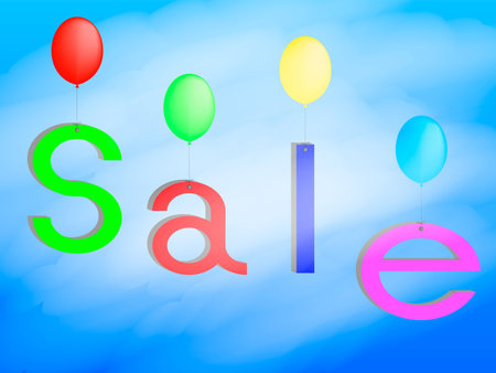 The word sale is flying in the sky on the balloonsのイラスト素材