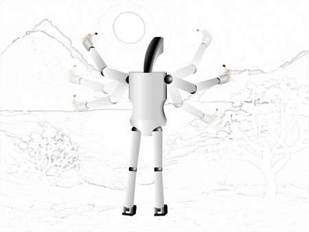Robot artist quickly draws night landscape on the wall, robot draws the world around themの写真素材